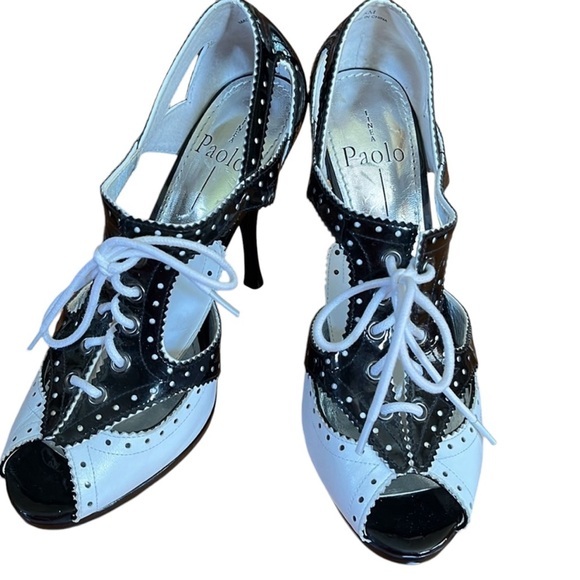 Paolo Shoes - Linea Paolo Black & White Mary Jane Retro style lace up open toe heels Size 8M